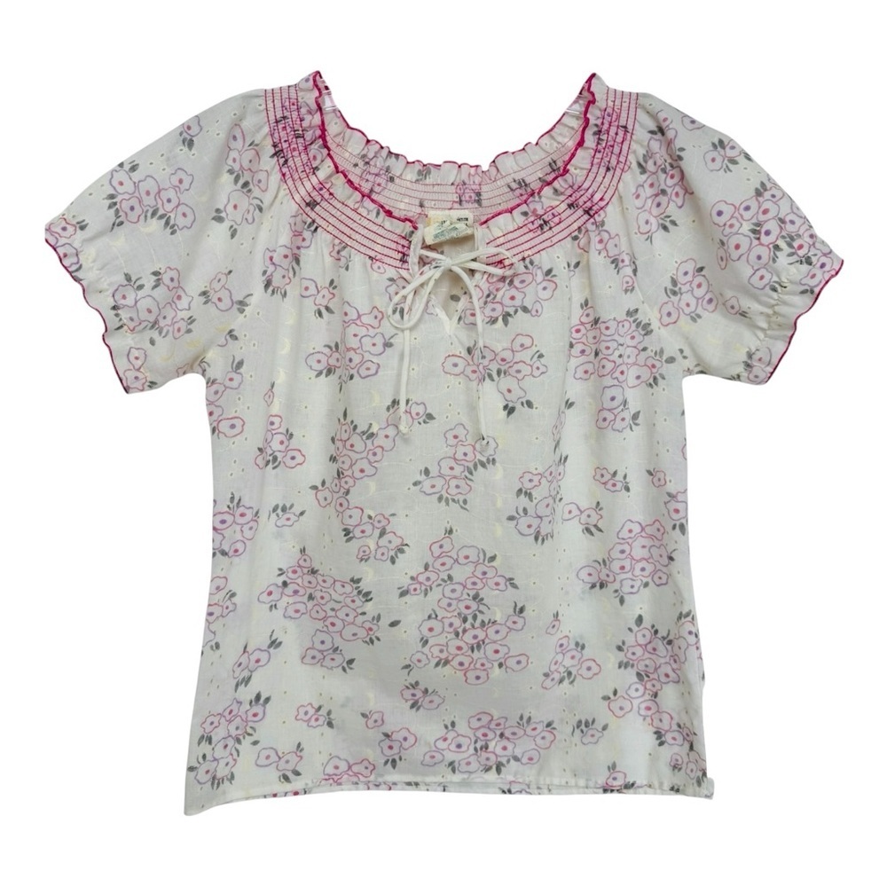 Vintage 70s Floral Boho Peasant Blouse Top Size Small Union Made White Pink
